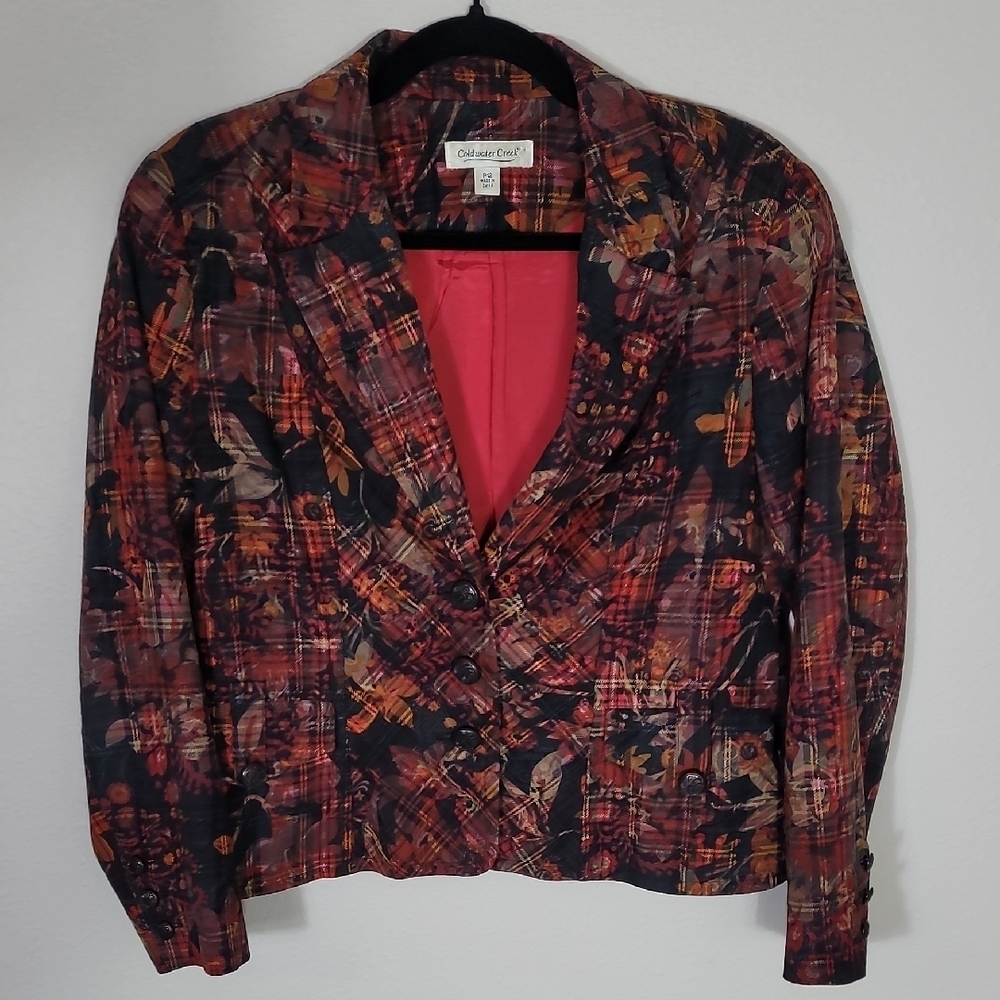 Coldwater Creek Women Multicolor Blazer Size 12 Petite Button Up Floral Red